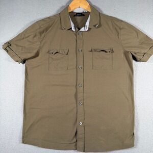 Hugo Boss Mens Short Sleeve Button Down Shirt Olive Brown Regular Fit Size L